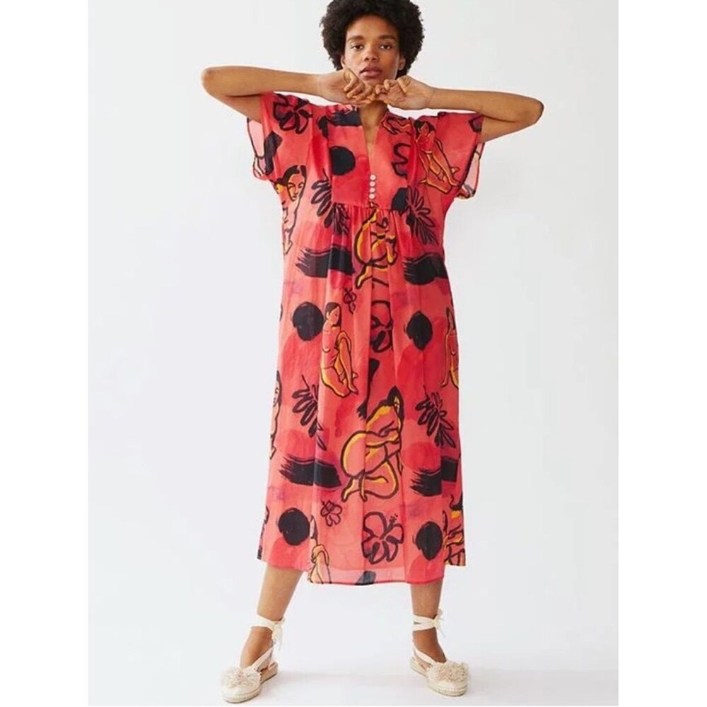 Heinui Gala Midi Dress Coral Vahine Gauguin Inspired Figure Print S 100% Cotton